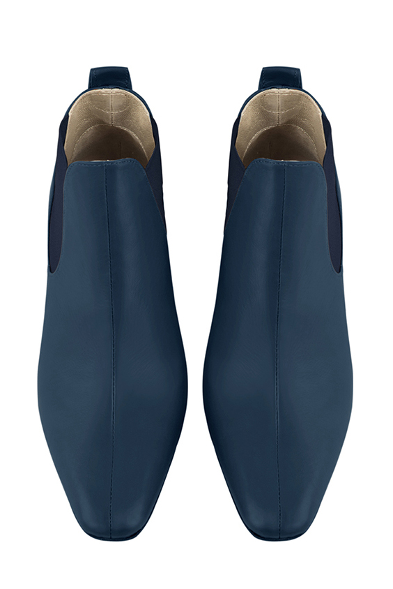 Women's denim blue elegant Chelsea ankle boots, with side elastics. Square toe. Medium block heels - Top view